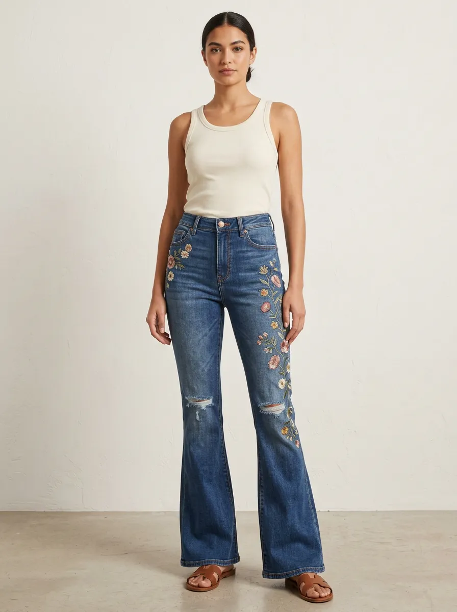 Women's Medium Wash Floral Embroidery Five-Pocket Flare Jeans