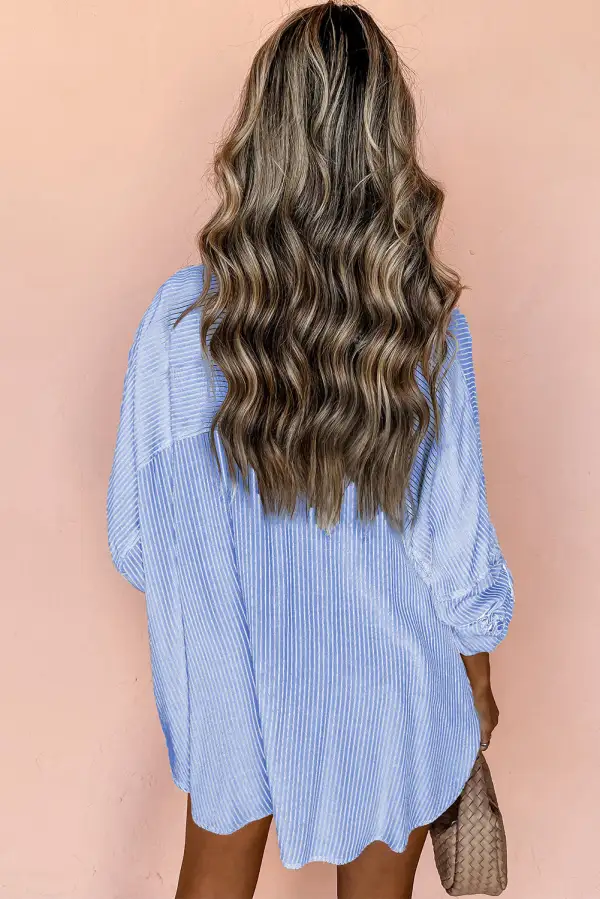 Sky Blue Stripe Roll-Tab Sleeve Pocketed Long Shirt