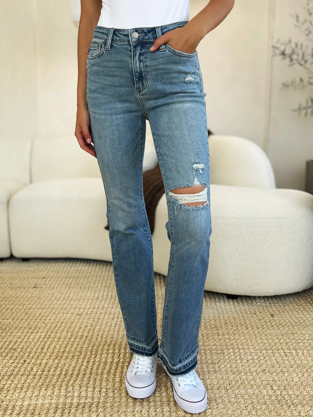 Washed Mid Rise Distressed Denim Jeans