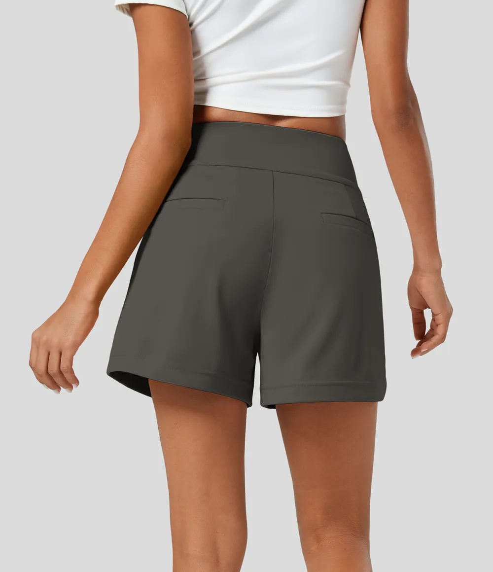 High Waisted Plicated Side Pocket Wide Leg Work Shorts