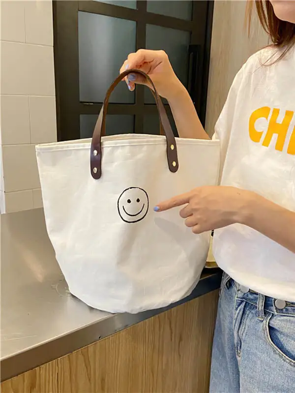 Vintage Canvas Smiling Face Printed Makeup Tote Bag Bucket
