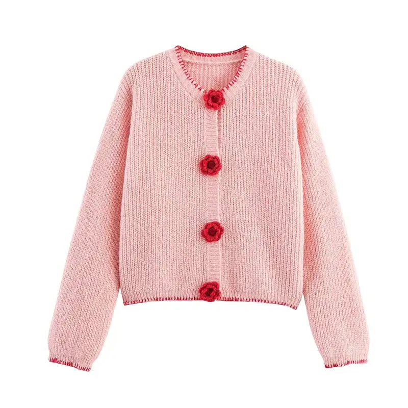 Knit Flower Buttoned Fuzzy Cardigan