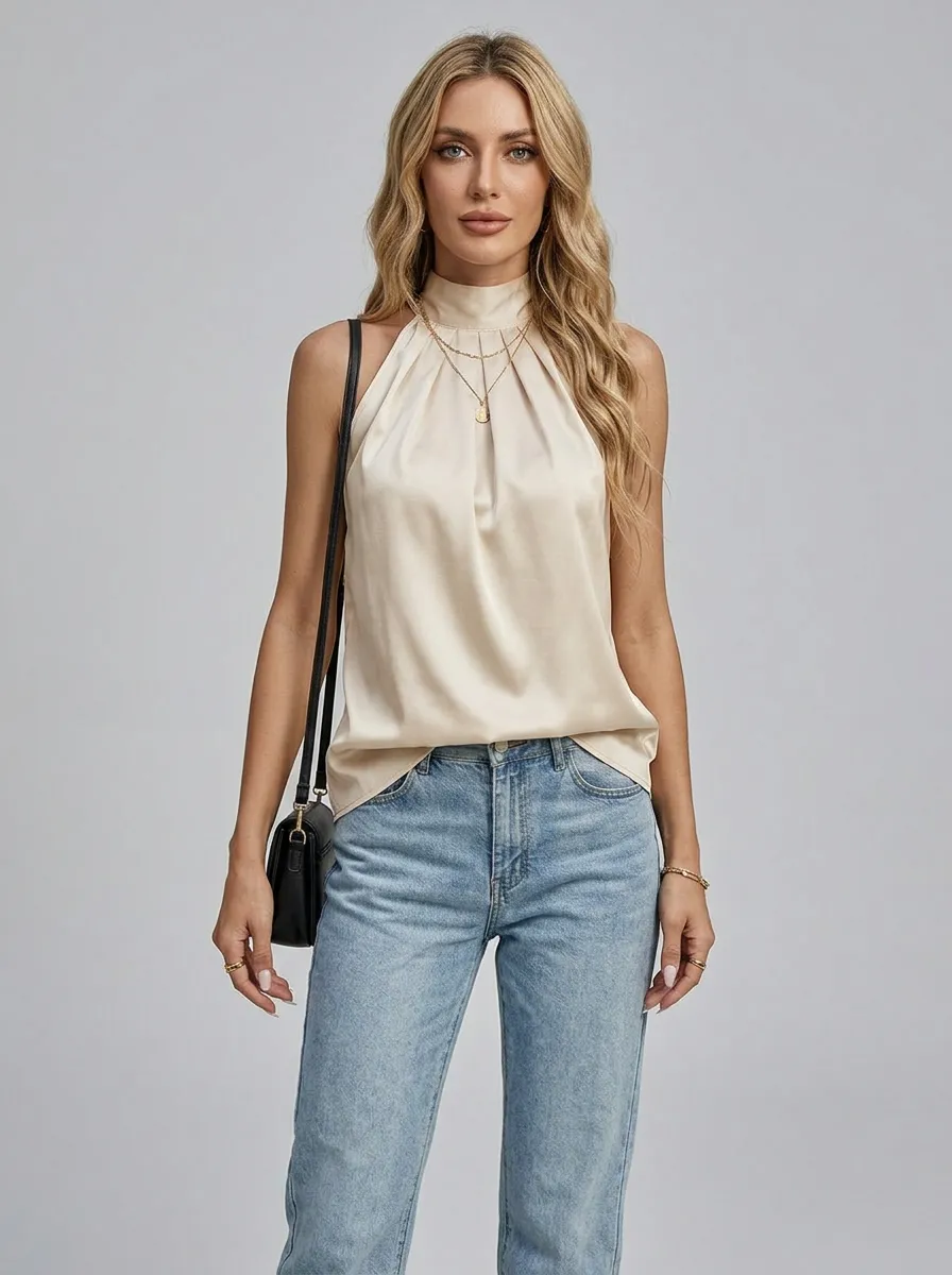 Satin Halter Neck Sleeveless Top
