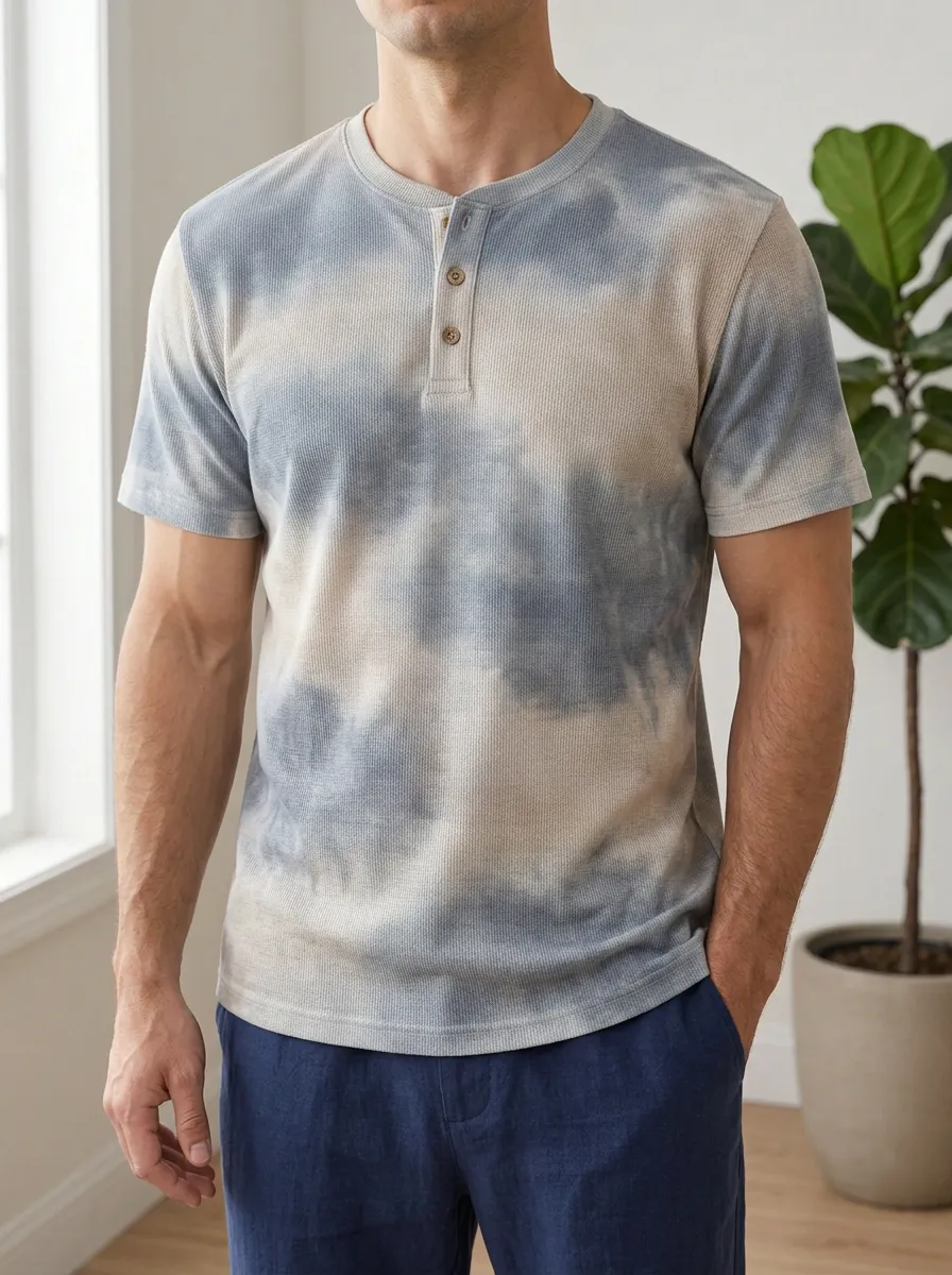 Men's Artful Tie-Dye Waffle Knit Henley T-Shirt