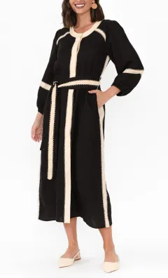 Color-Block Linen Pocket Round-Neck Three-Quarter-Sleeve A-Line Below-Knee Dress