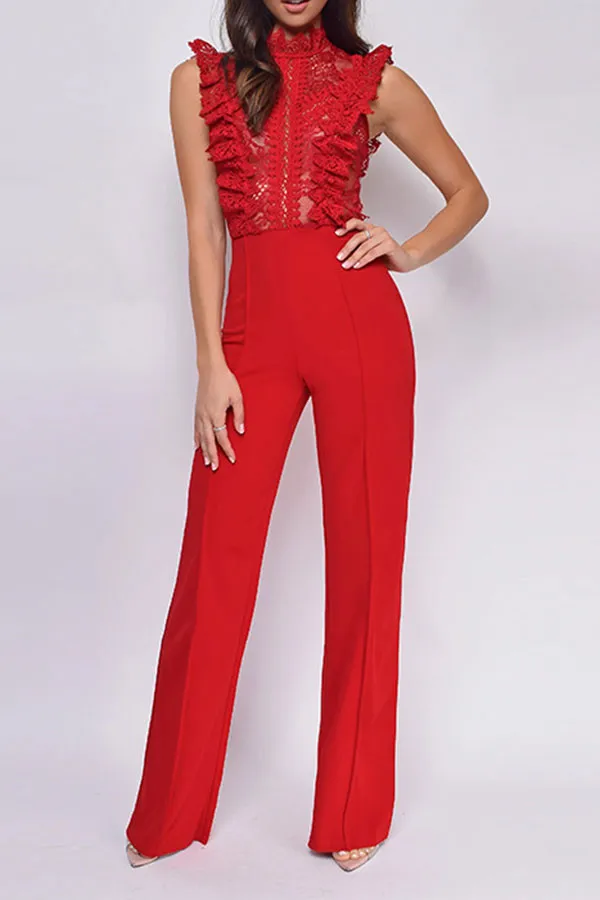 Lace Patchwork Ruffle Sheer Jumpsuit