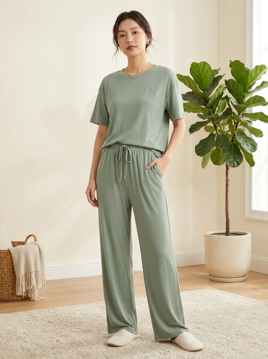 Everyday Floral Ribbed Fit Women's T-Shirt and Wide Leg Lounge Set