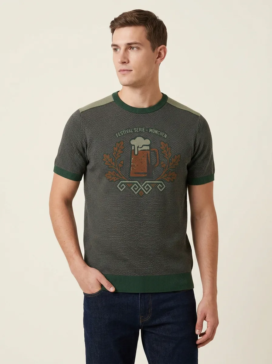 Men's Oktoberfest Beer Mug Oak Leaf Printed Knit T-shirt
