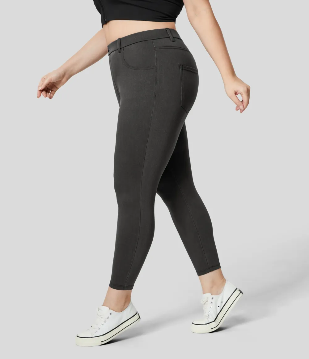Magic High Waisted Multiple Pockets Stretchy Knit Denim Work 7/8 Plus Size Leggings