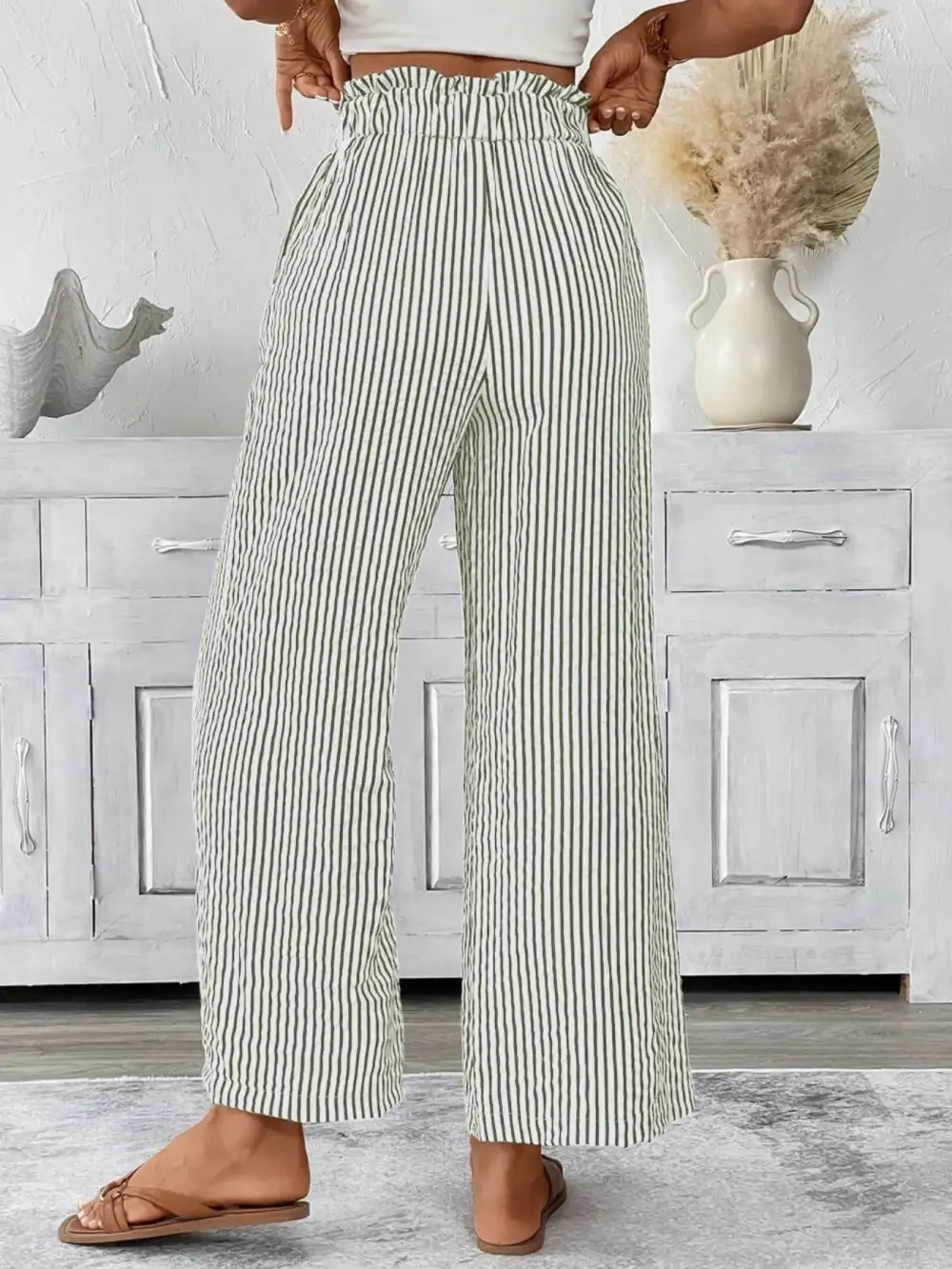 Wide Leg Paperbag Waist Striped Cropped Pants