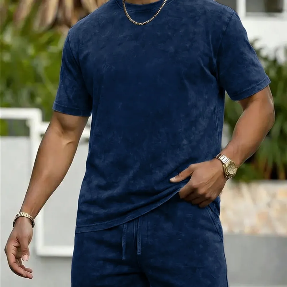 Men's vintage-wash short-sleeve crew-neck T-shirt and drawstring-waist casual shorts