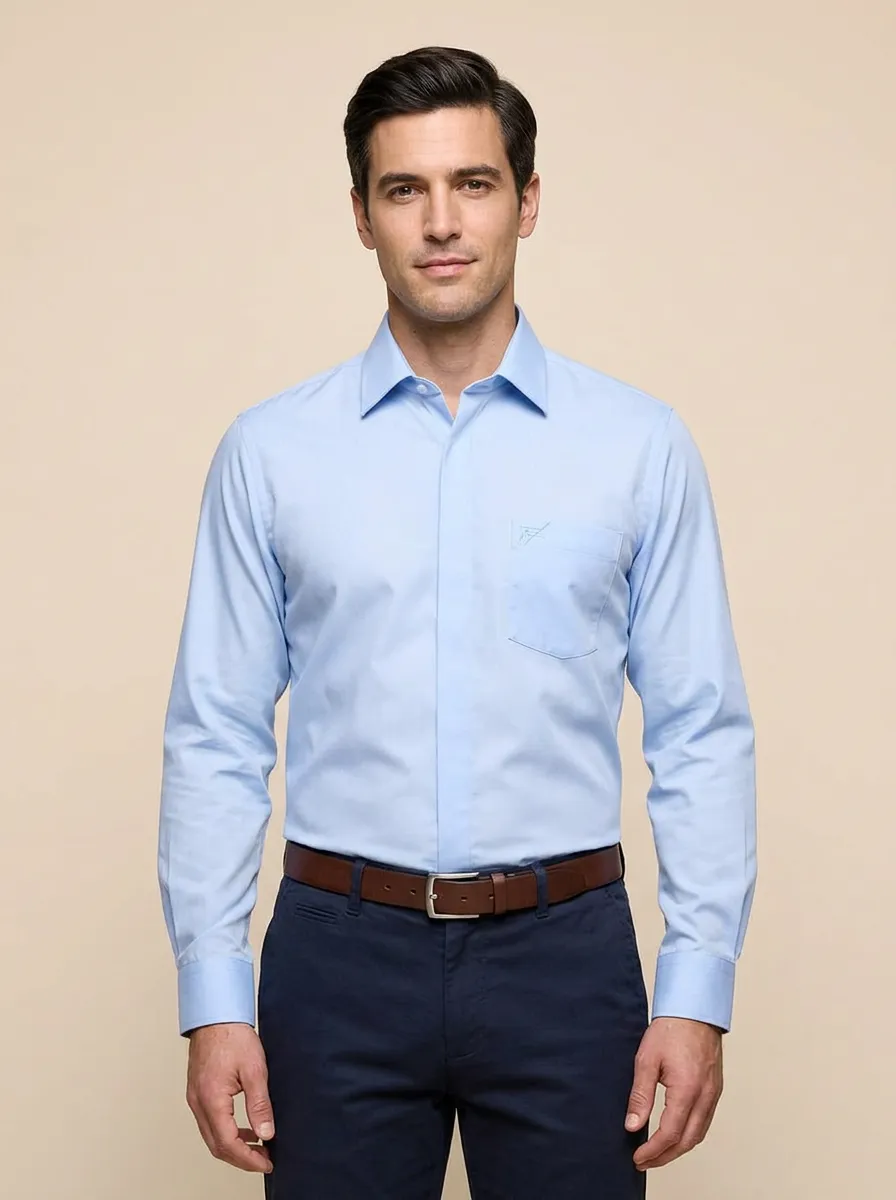 Men's Non-Iron Cotton Light Blue Embroidered Accent Long Sleeve Shirt