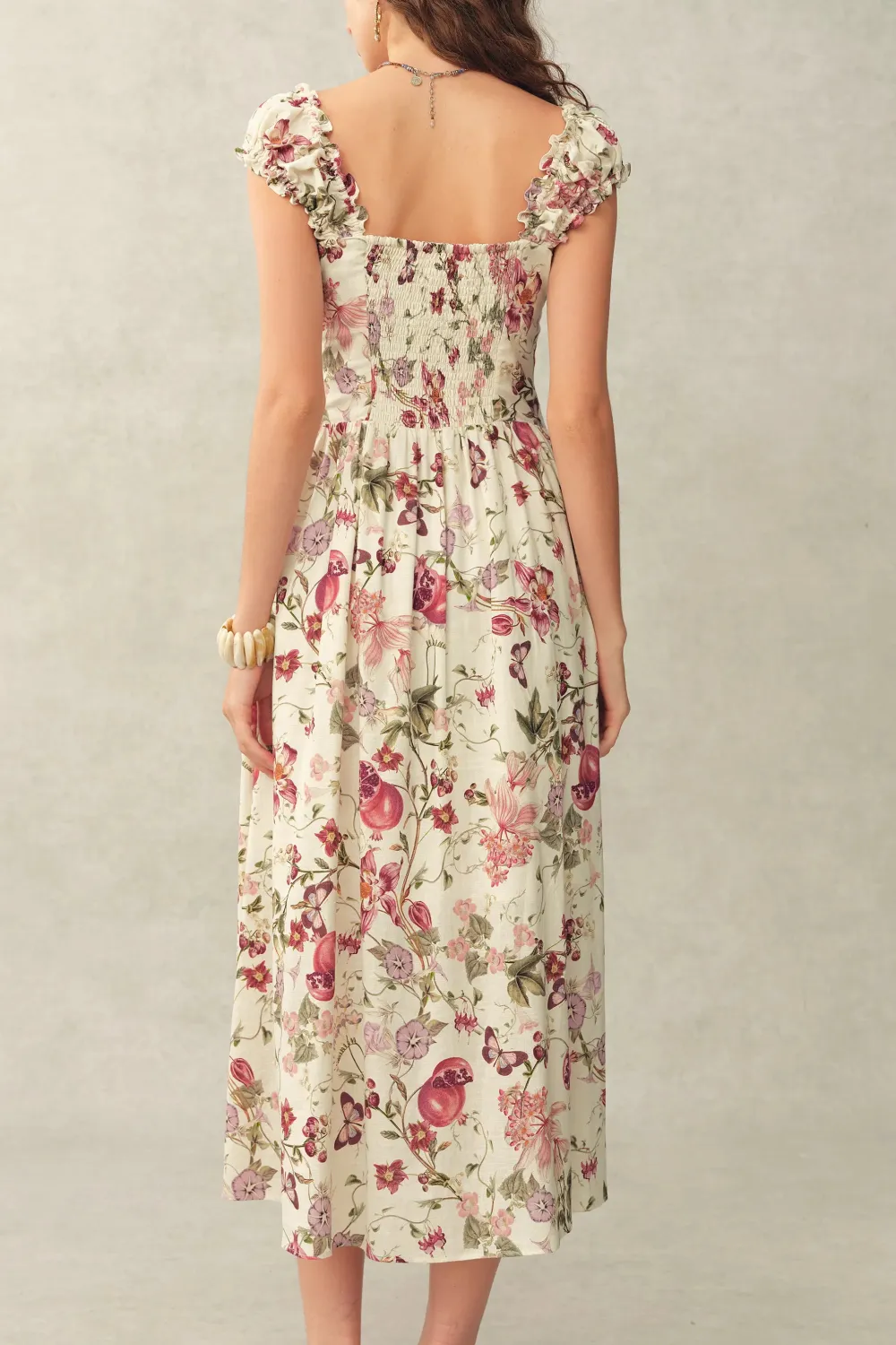 Strap Smocked Printed Floral Linen Blend Dress