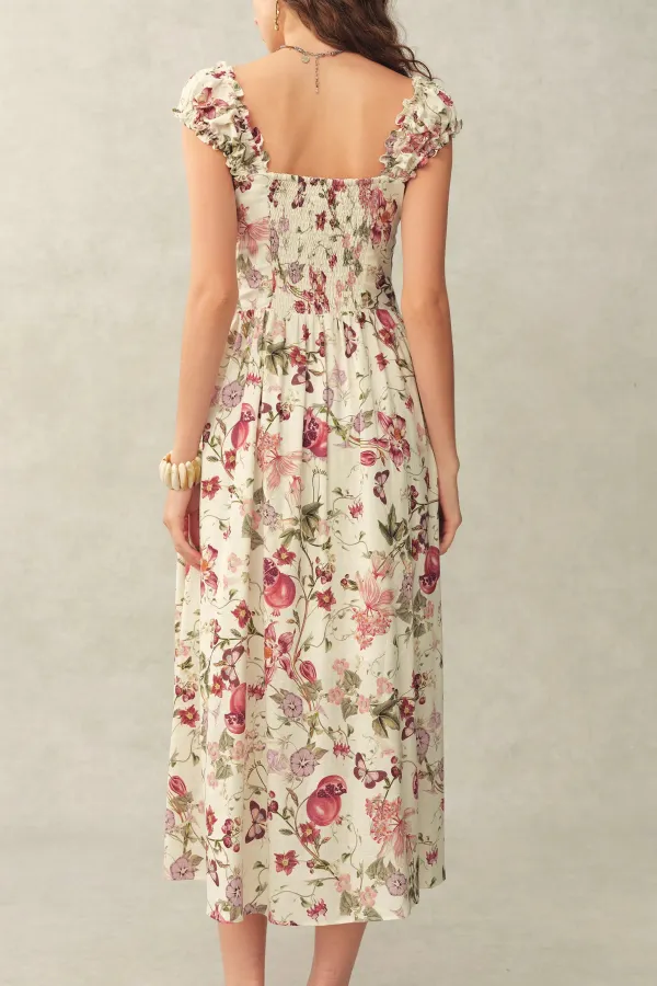 Strap Smocked Printed Floral Linen Blend Dress