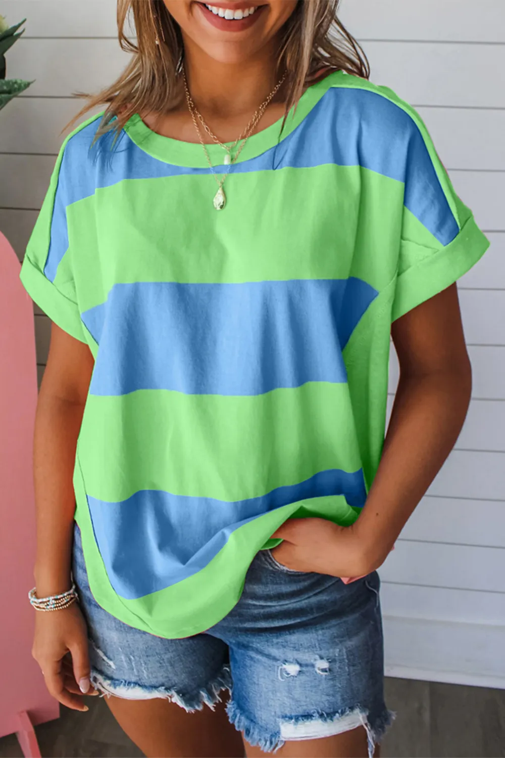 Blue Colorblock Rounded Hem Loose Tee