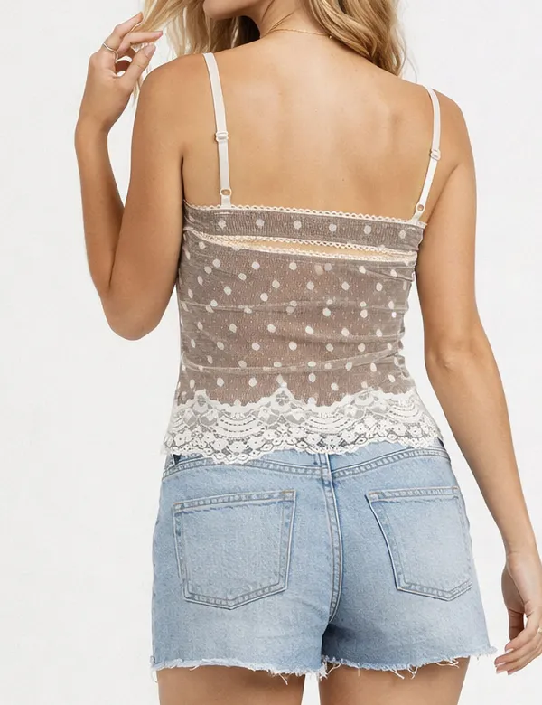 Lace Polka Dot Scalloped Hem Cami Top