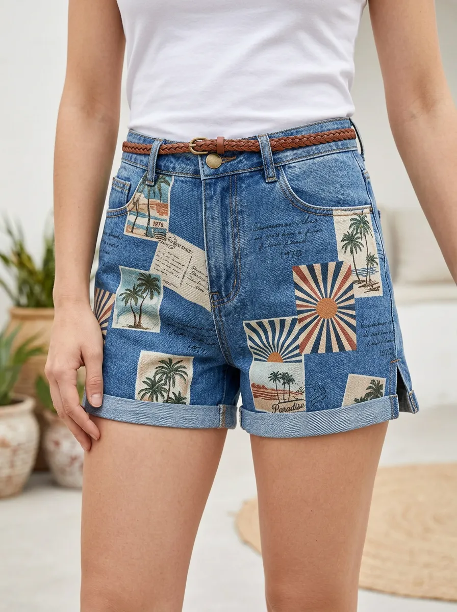 Women's Tropical Vacation Palm Tree Sun Printed Denim Shorts