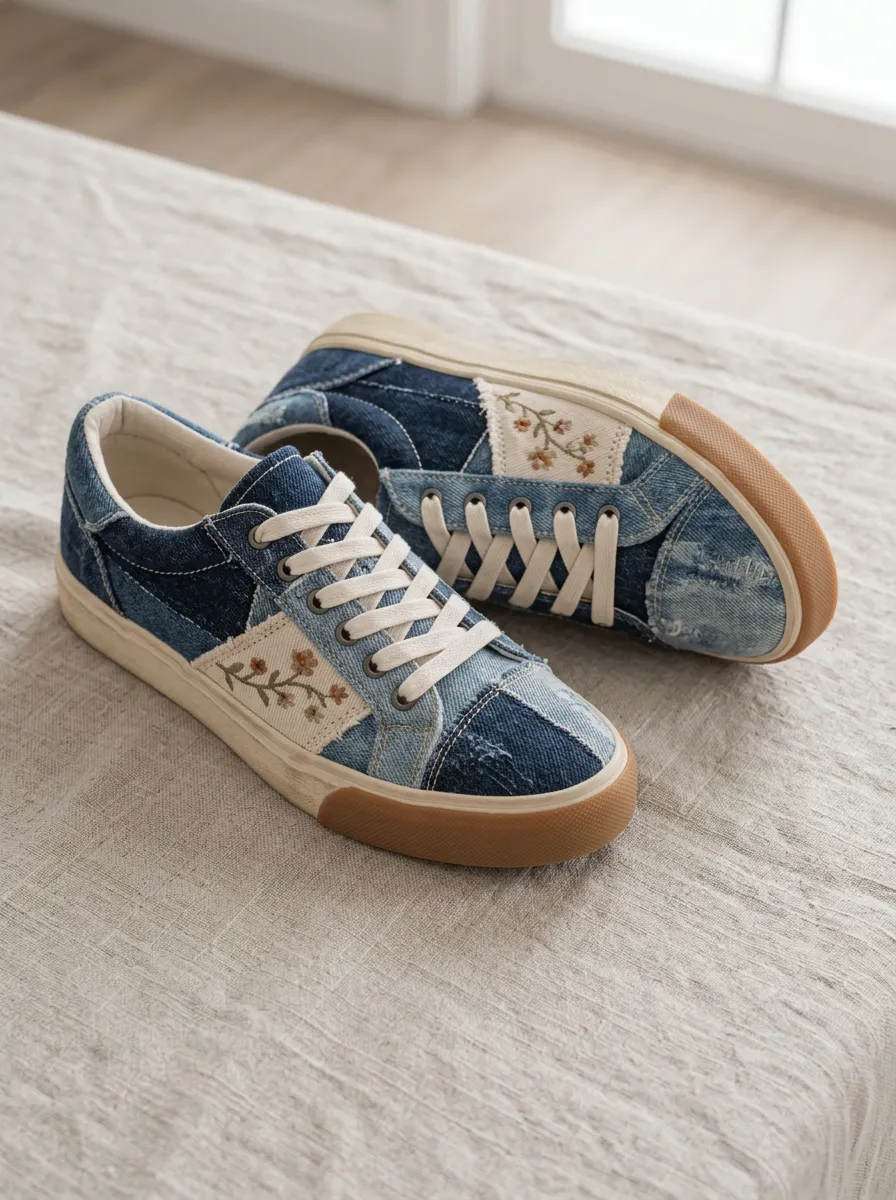 Women's Floral Embroidery Patchwork Denim Printed Sneakers