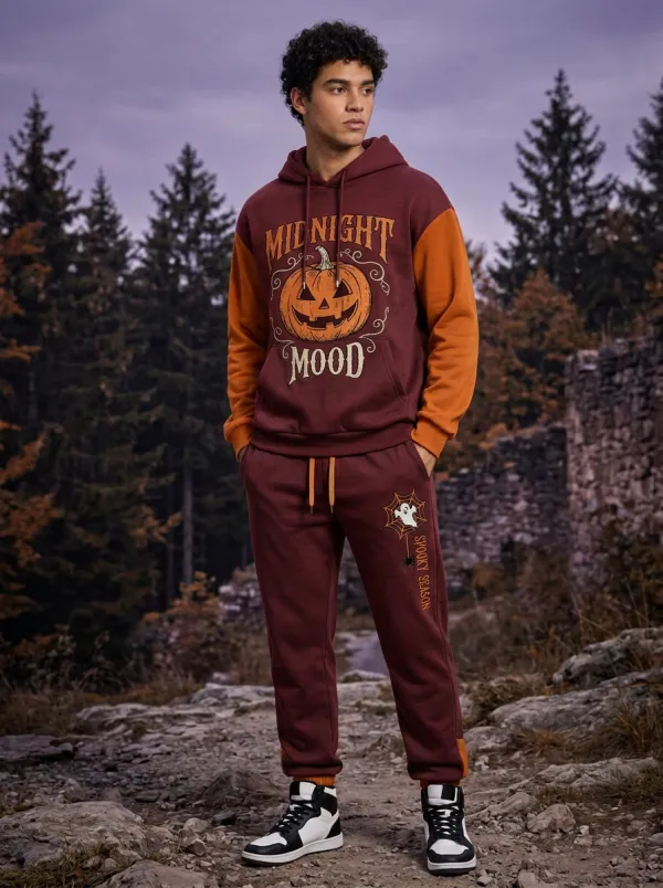 Men's Halloween Orange Charcoal Midnight Mood Pumpkin Ghost Colorblock Hoodie Jogger Set