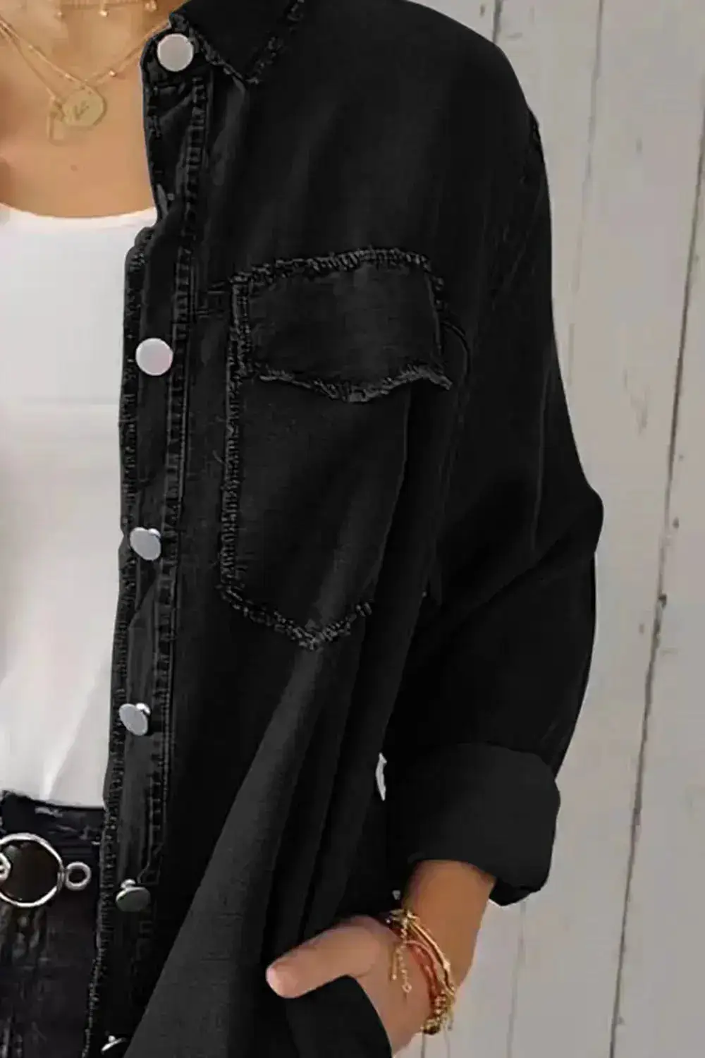 Relaxed Denim Button Front Pocketed Casual Jacket