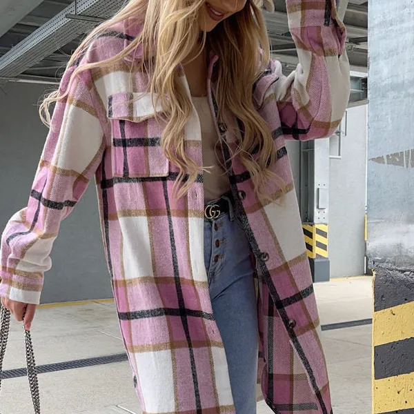Textured Loose Fit Long Plaid Shirt