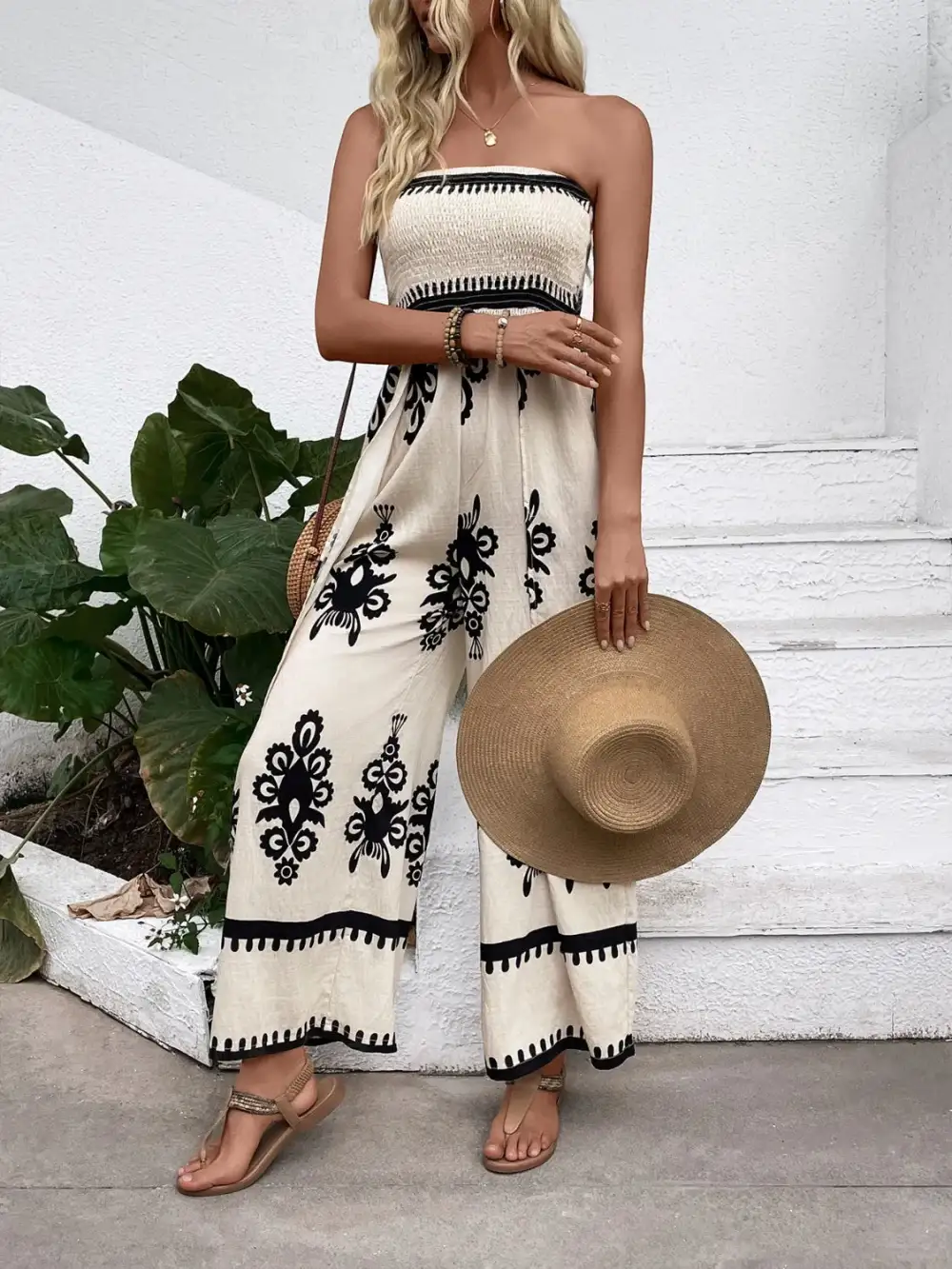 Smocked Printed Wide Leg Everyday Jumpsuit