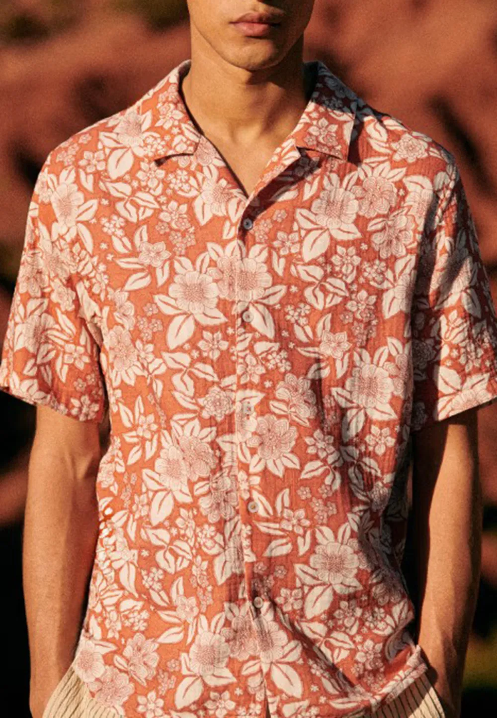 Light Orange Floral Print Short Sleeve Cotton Shirt