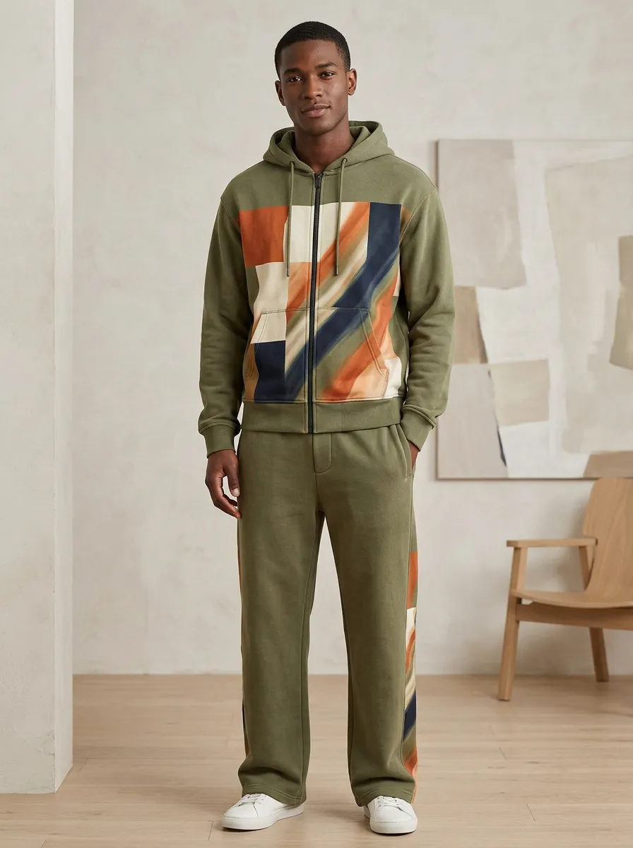 Men's Abstract Geometric Pattern Printed Hooded Tracksuit Set