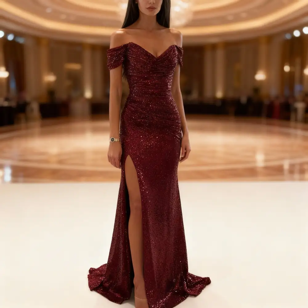 Women's Bodycon Off-Shoulder Sequin Slit Dress