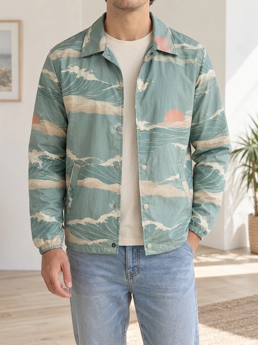 Men's Japanese Ocean Wave Sunset Coach Rugged Vista Jacket