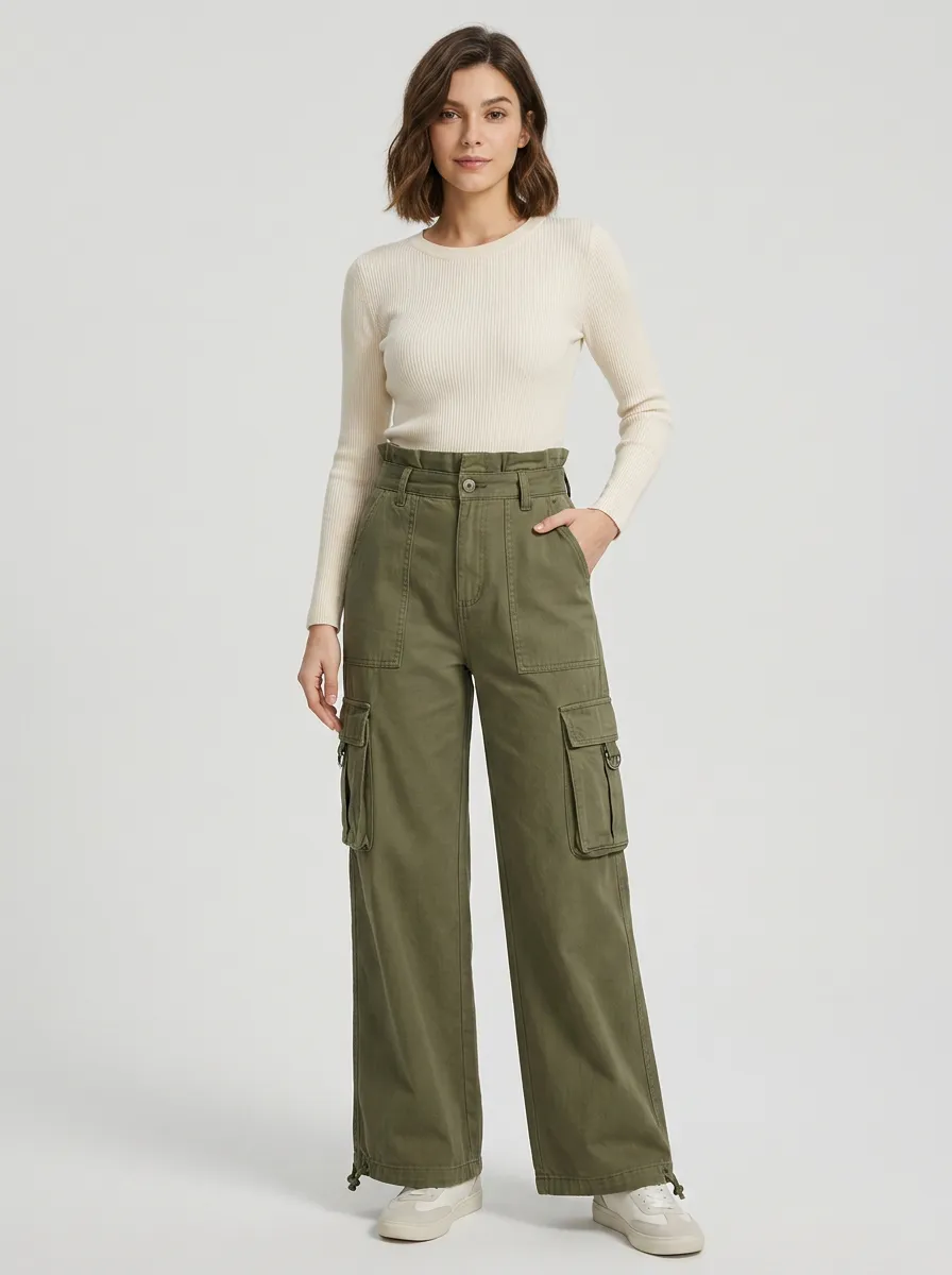 Women's Casual Streetwear Ribbed Knit Top Cargo Pants Set