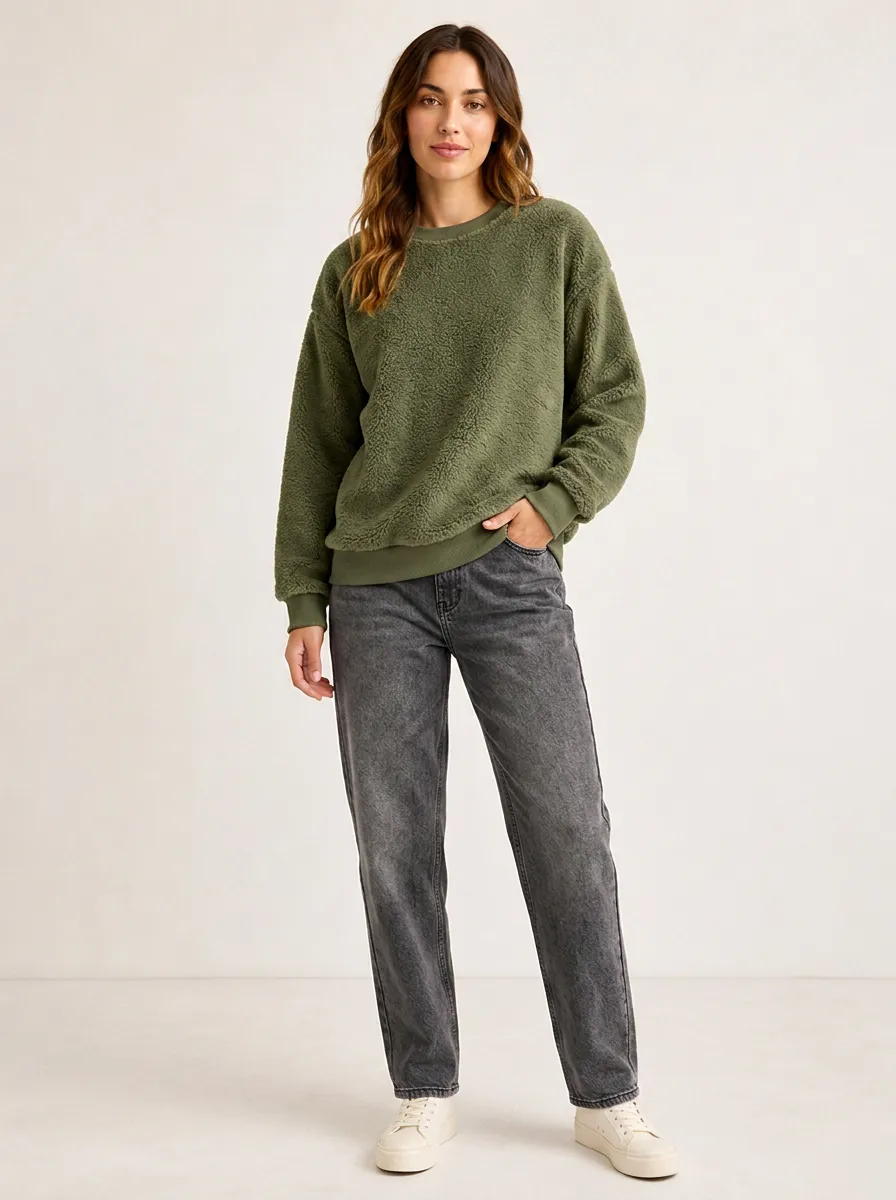 Women's Casual Olive Green Fleece Textured Pullover Sweatshirt