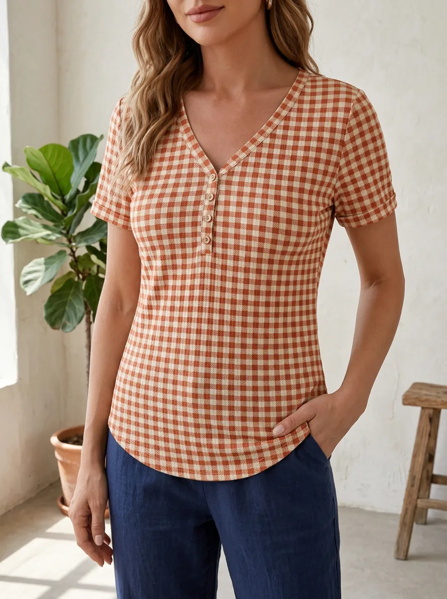 Women's Casual Orange Gingham Plaid Printed Henley Shirt