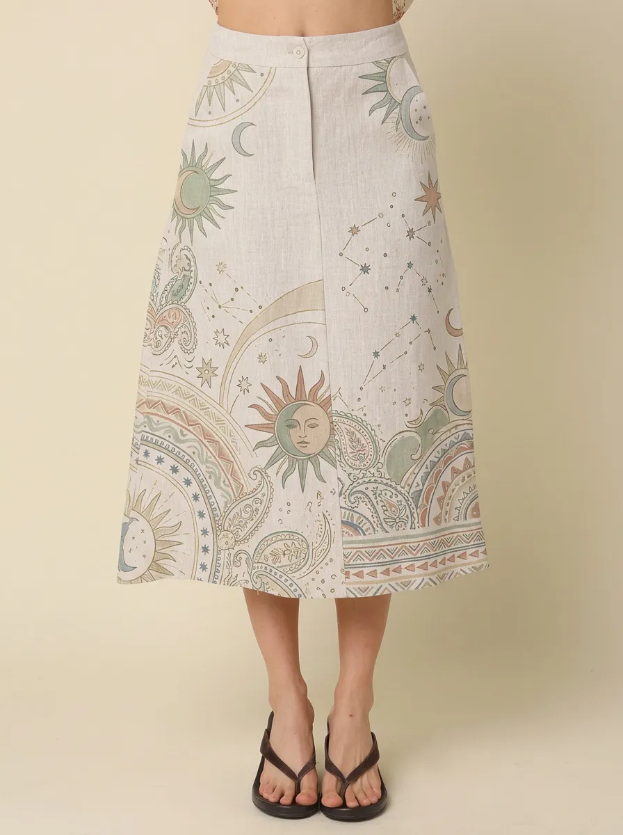 Women's Celestial Boho Sun Moon Paisley Printed Midi Skirt