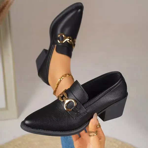 Textured Pointed Toe Block Heel Loafers
