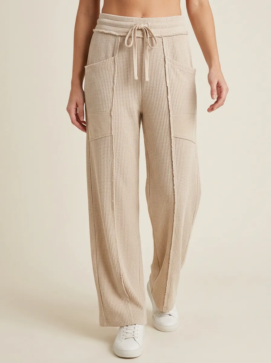 Women's Casual Waffle Knit Drawstring Wide Leg Lounge Pants