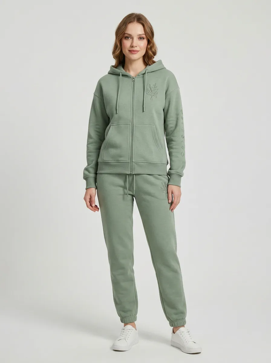 Women's Sage Green Botanical Leaf Embroidered Drawstring Hood Zip-Up Hoodie Jacket & Jogger Set