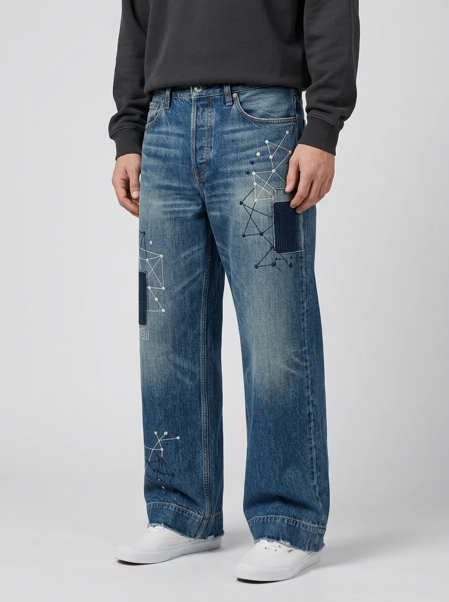 Men's Geometric Constellation Patchwork Printed Wide Leg Jeans