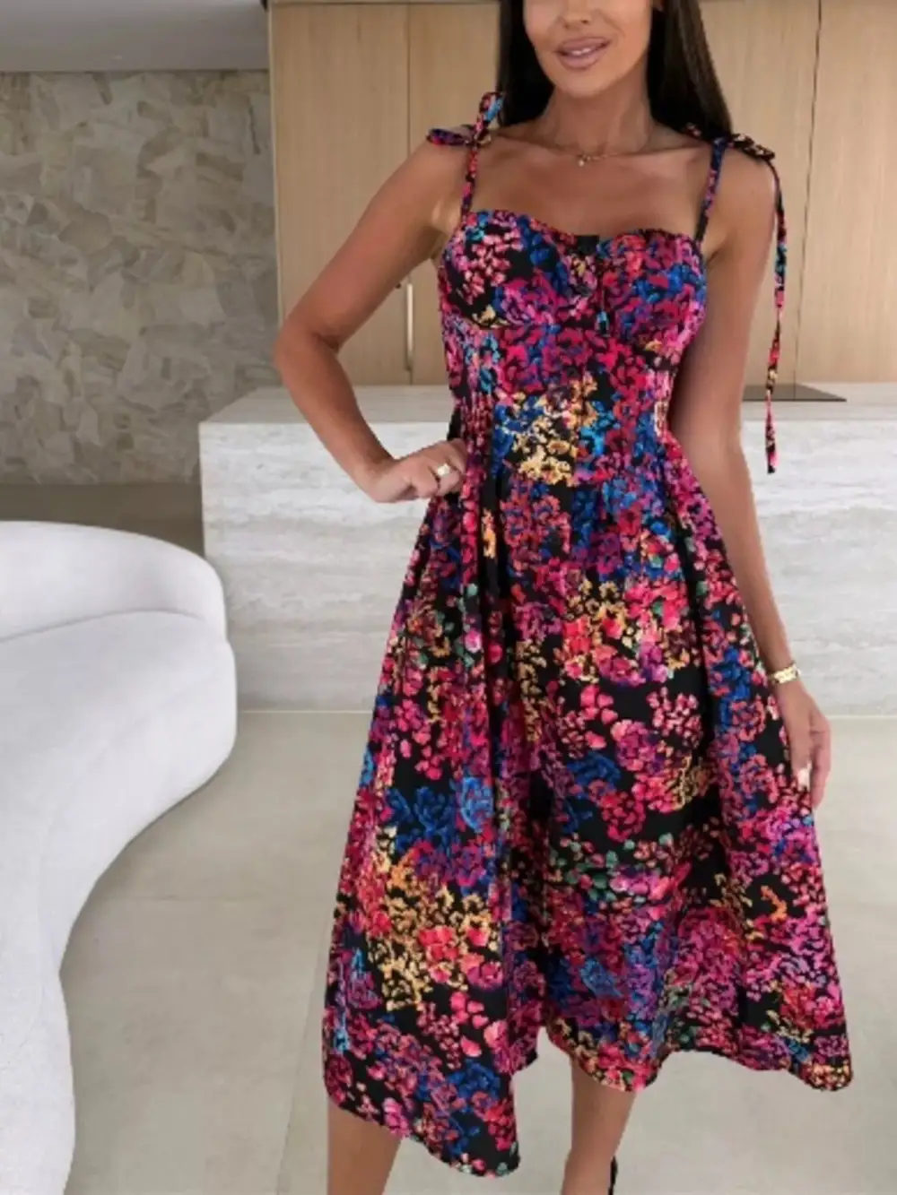 Printed Tie-strap Midi Dress