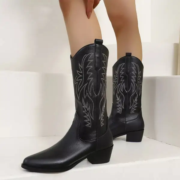 Classic Embroidered Point Toe Block Heels Boots