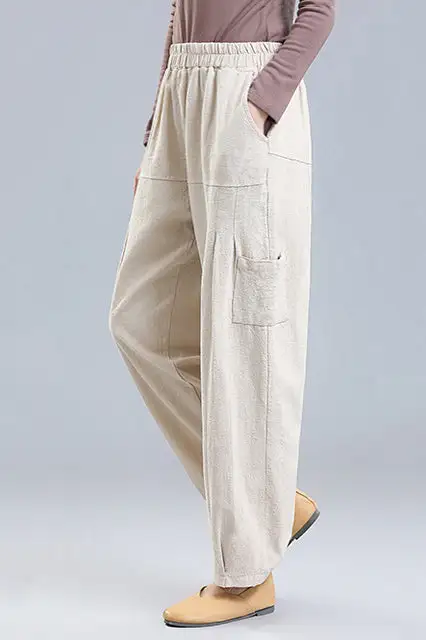 Versatile Linen Cotton Wide Leg Elastic Waist Pocketed Trousers