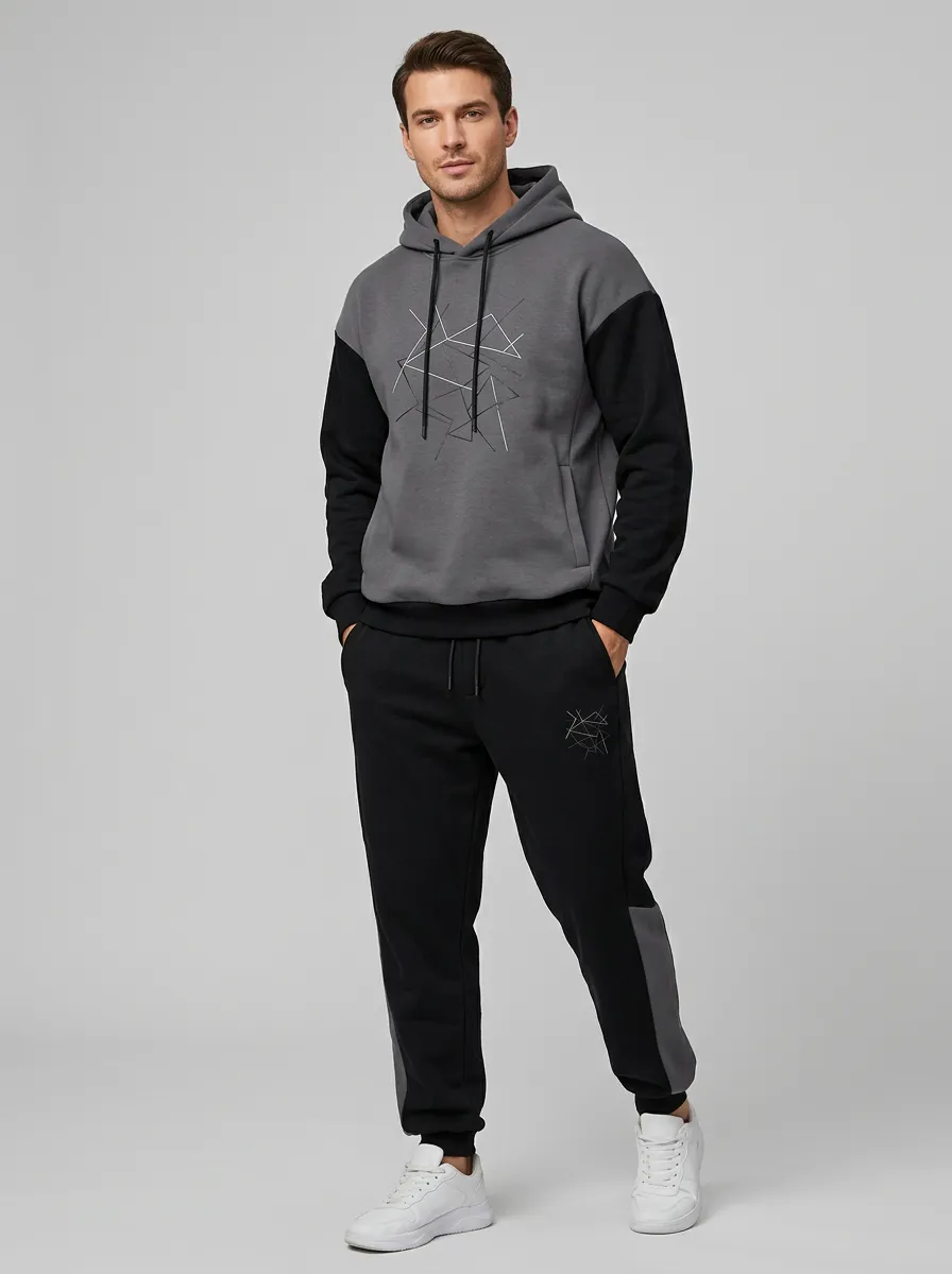 Men's Geometric Line Art Printed Hoodie Jogger Set