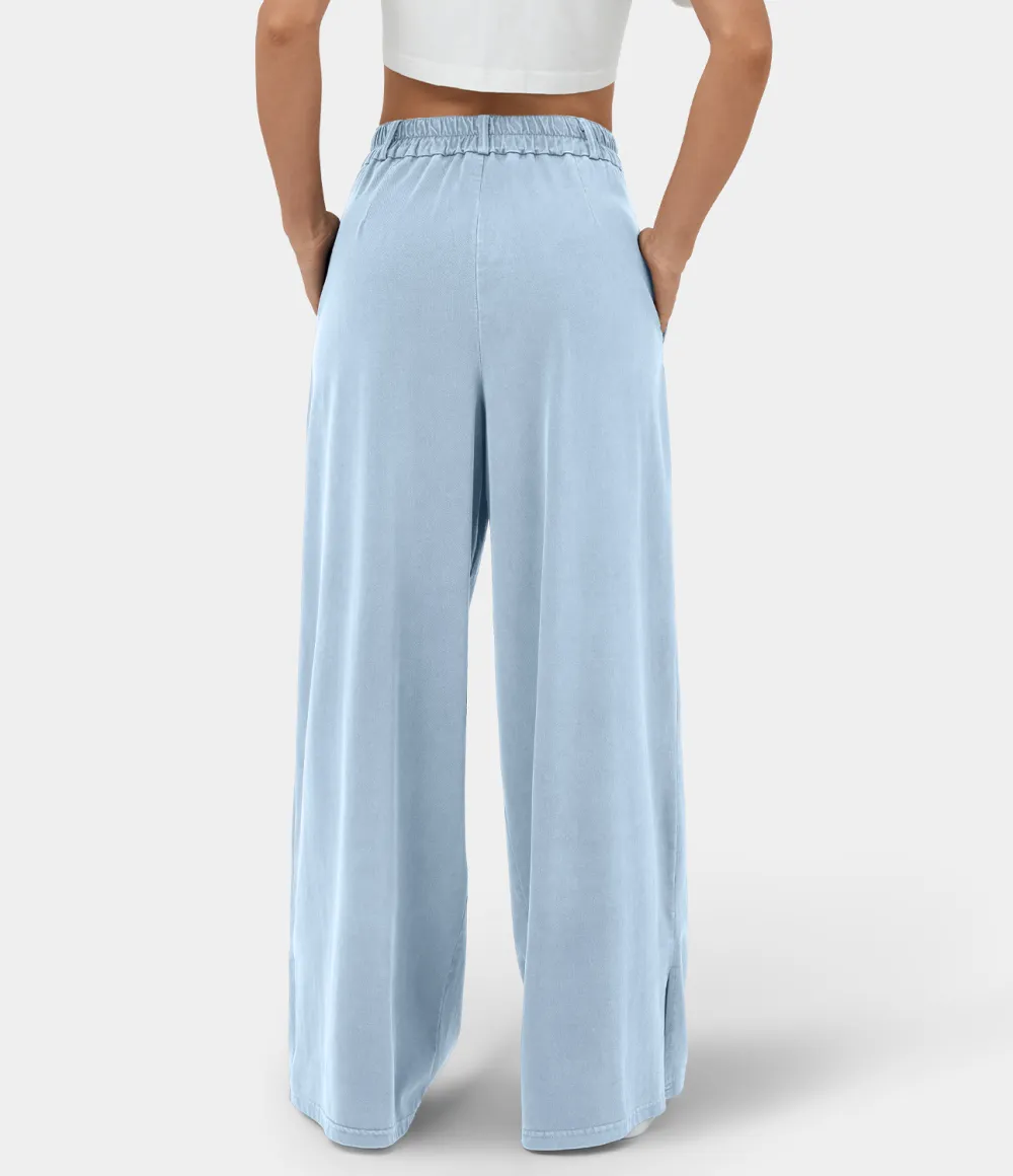 High Waisted Button Zipper Plicated Side Pocket Split Hem Wide Leg Casual Pants