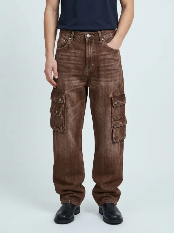 Men's Streetwear Embroidered Logo Denim Cargo Jeans
