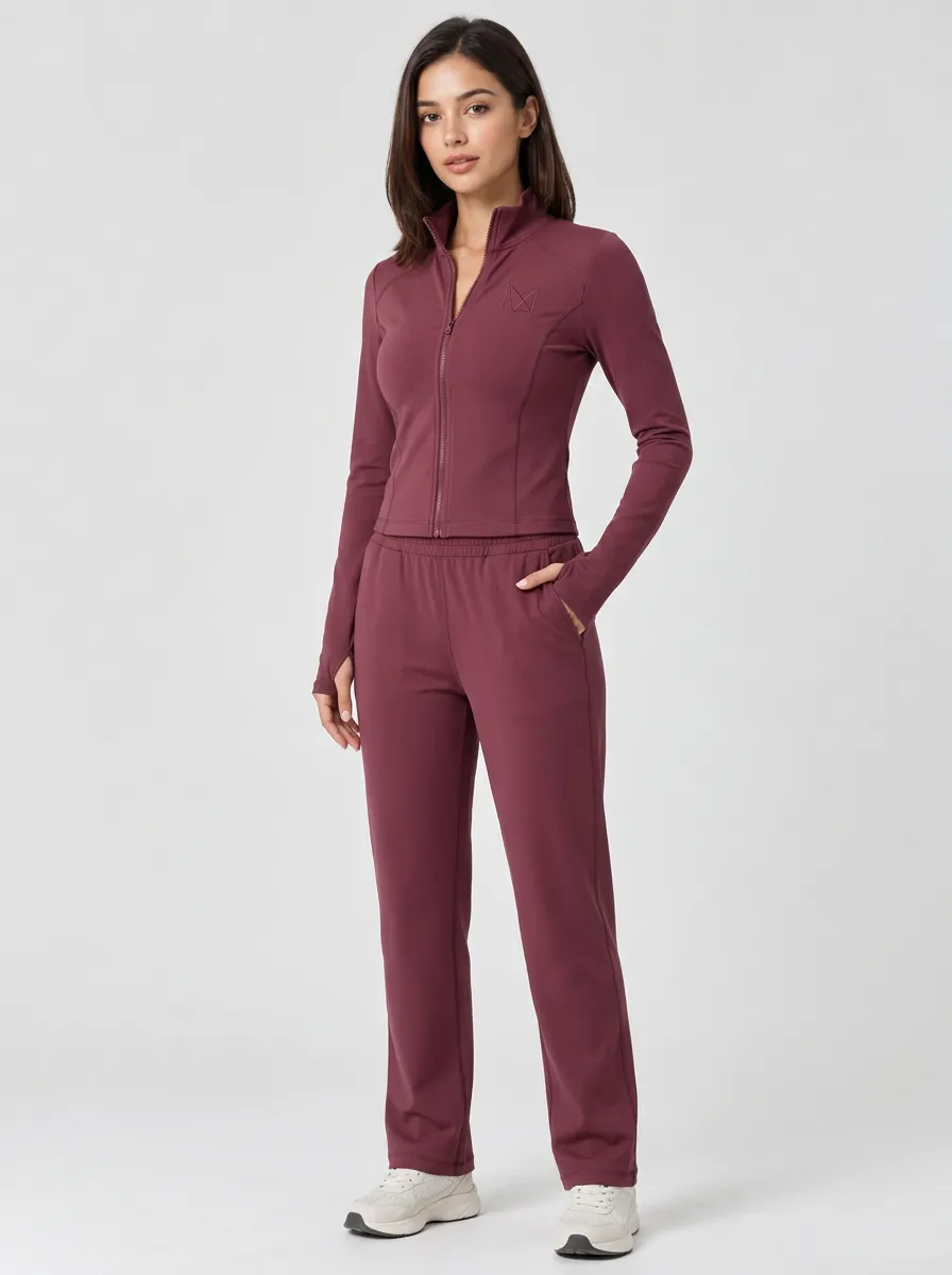 Women's Burgundy Athletic Zip-Up Jacket and Pants Sportswear Set
