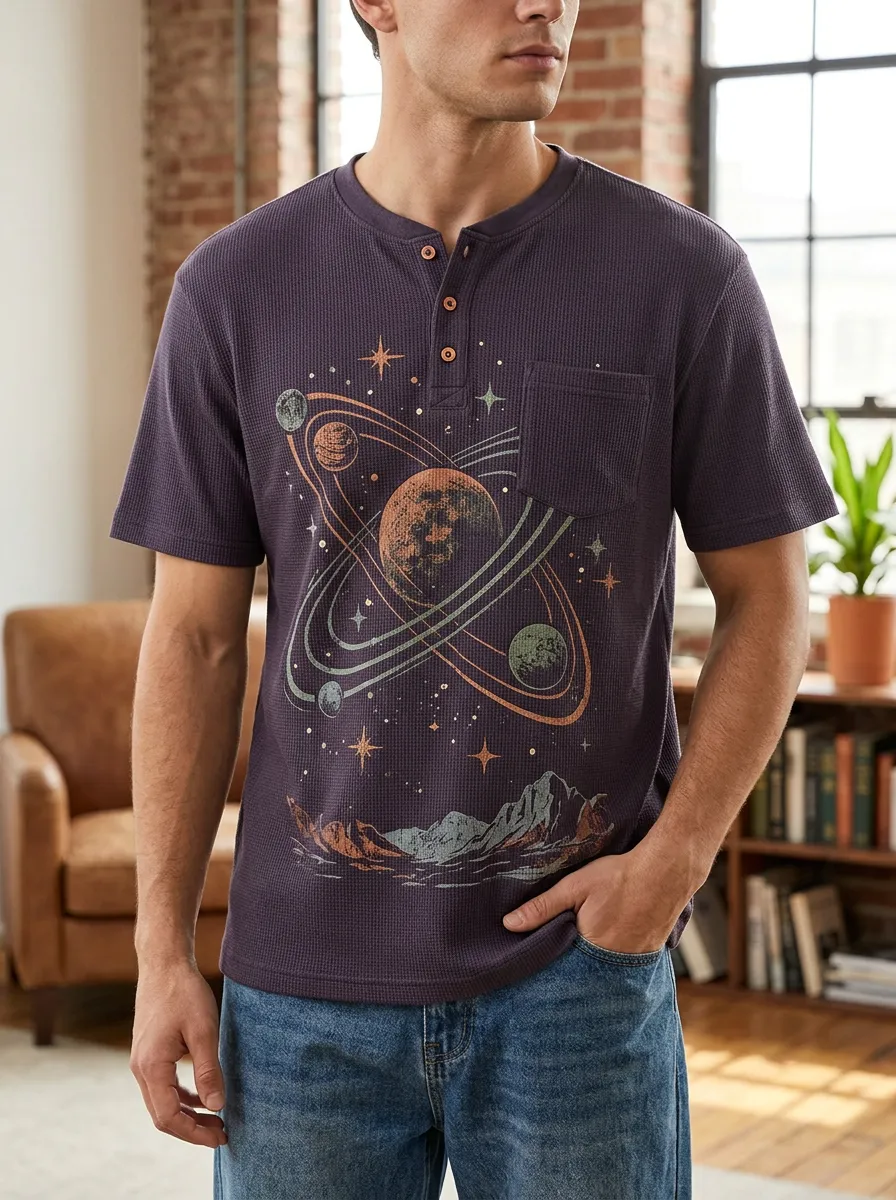 Men's Relaxed Space Astronomy Planet Waffle Henley T-Shirt