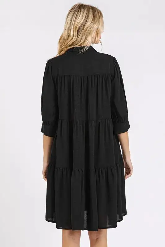 Button Detail Collared Neck Tiered Shirt Dress