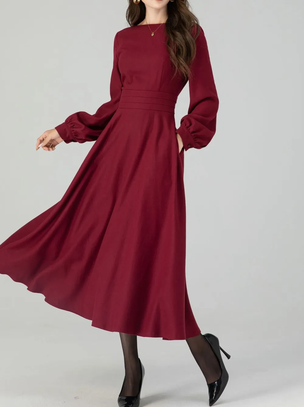 Wool Blend Swing Lantern Sleeve Midi Dress