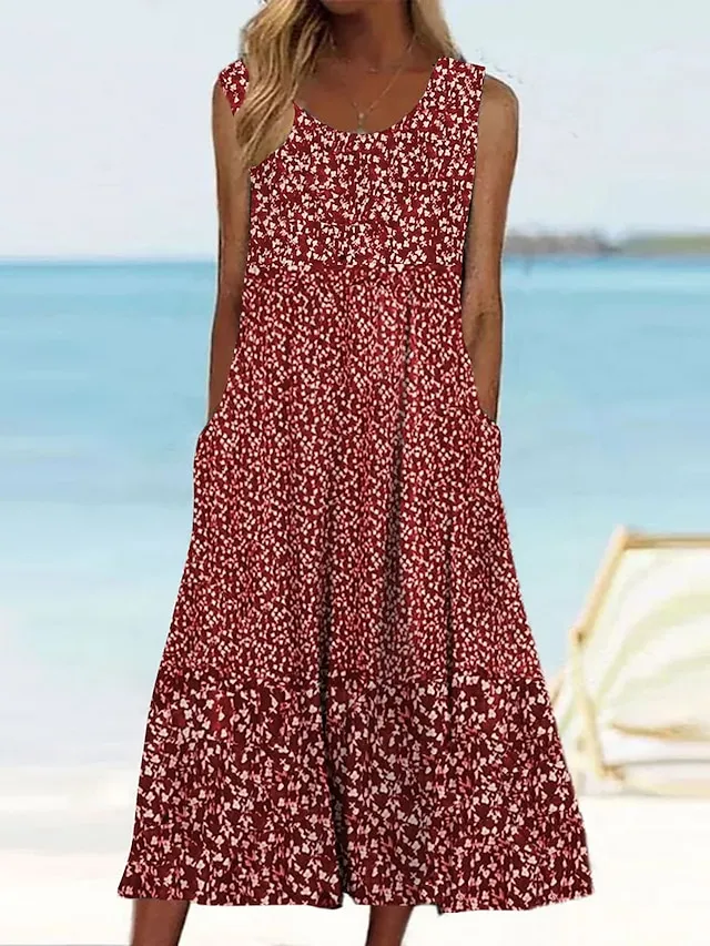 Women's Casual Dress Tank Dress Summer Dress Floral Print Crew Neck Midi Dress Active Fashion Daily Holiday Sleeveless Loose Fit Aqua Blue Cream Wine Summer Spring S M L XL XXL