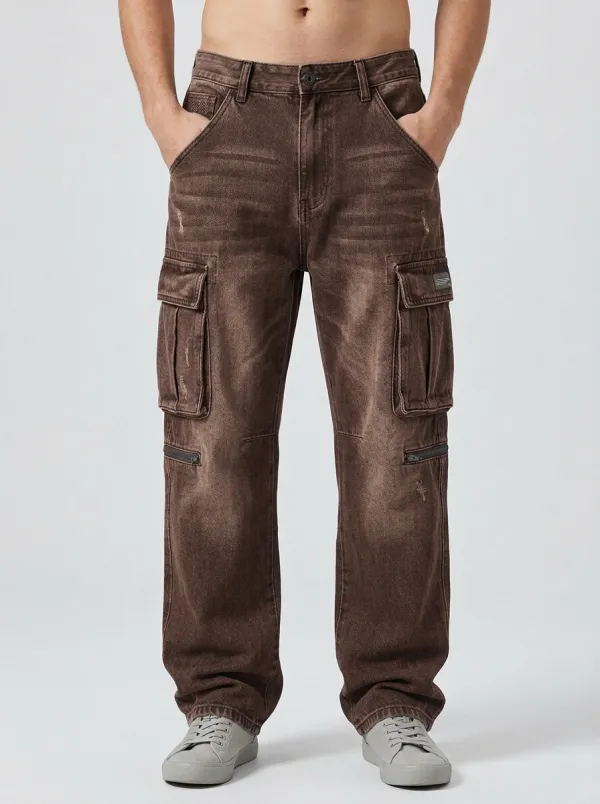 Men's Washed Black Multi-Pocket Distressed Cargo Jeans